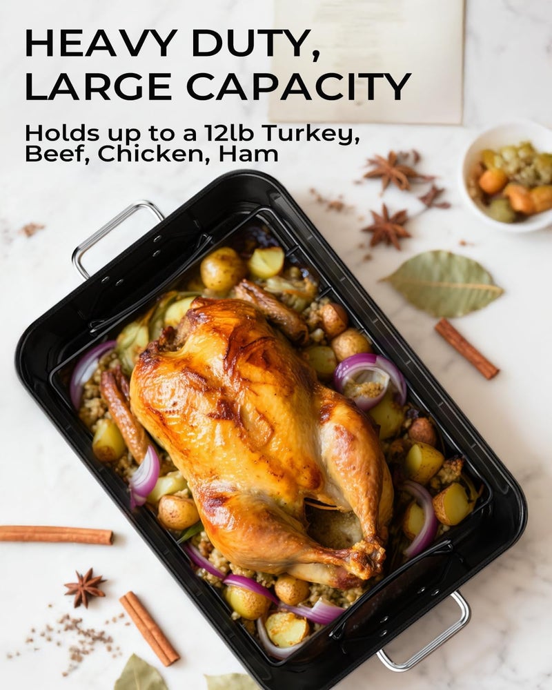 Armorbear Turkey Roasting Pan with Rack Non stick Carbon Steel Roaster 16x11 Inch, Dishwasher Safe, Deep Baking Broiler Pan for Oven Chicken, Bacon, Black - Image 3